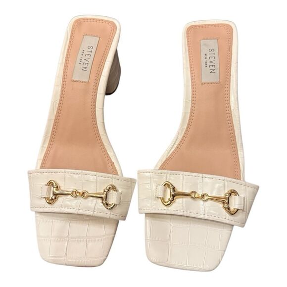 NWT Steven New York Layer White Croc Embossed Sandal 7 Chunky Block Heel - Picture 5 of 8